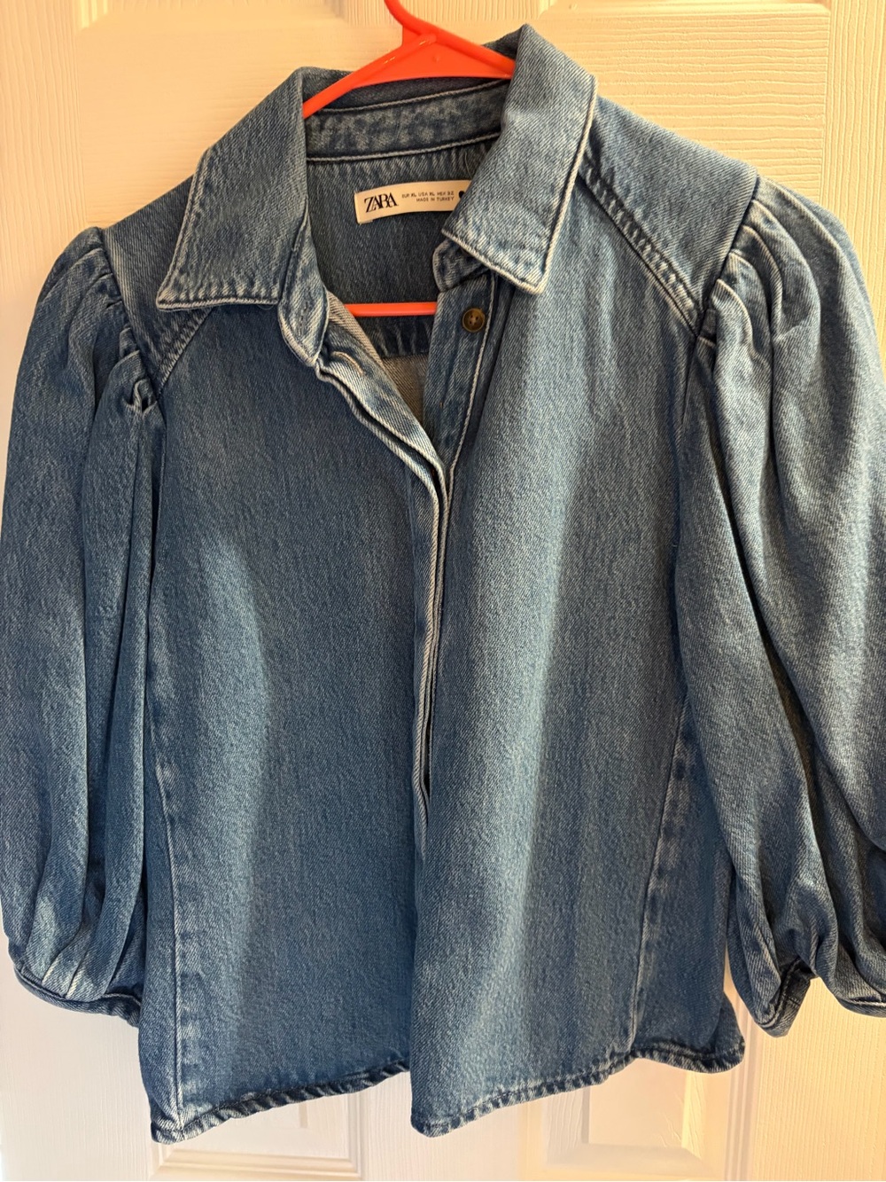 Zara Light Blue Denim Puff Sleeve Shirt Jacket